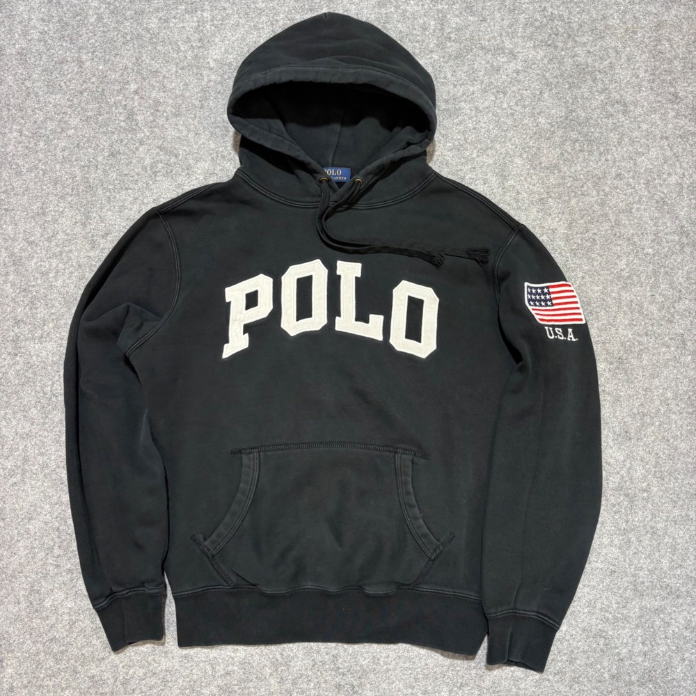 Polo Ralph Lauren Mens Black USA Flag Patch Pullover Hoodie Sweatshirt medium